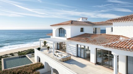 Fototapeta premium A luxurious beachfront estate with white walls, terracotta roof tiles, and a large terrace overlooking the ocean
