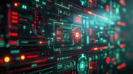 Obraz premium Futuristic digital interface with red and green glowing lights and circuit board elements