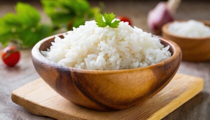 Cooked Rice in Wooden Bowl