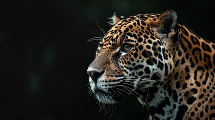 Obraz premium Close up of Head panther with black background, copy pace. generative AI image