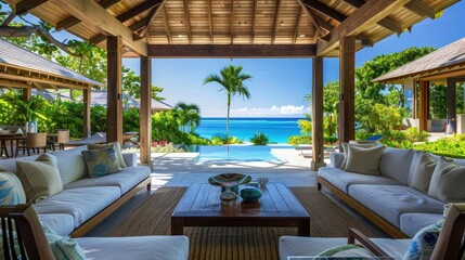 Obraz premium A luxurious Caribbean villa with open-air living spaces, vibrant tropical gardens, and a private beach with crystal clear waters