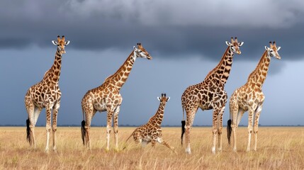 Obraz premium A herd of giraffes graze peacefully in a lush green valley, with rolling hills and distant mountains forming a stunning backdrop