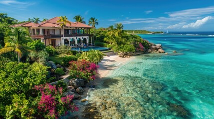 A luxurious Caribbean villa with open-air living spaces, vibrant tropical gardens, and a private beach with crystal clear waters