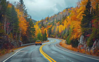 Obraz premium Fall foliage road trip through scenic mountains, colorful leaves and winding roads, 4K hyperrealistic photo.