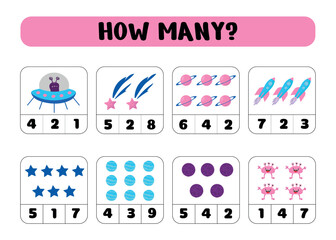 How many planets, rockets, stars, aliens. Educational math game.  A counting game for children. Vector illustration