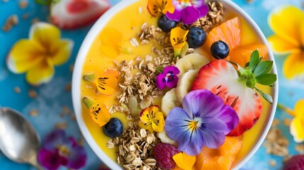 Vibrant Tropical Smoothie Bowl with Fresh Fruits, Granola, and Edible Flowers