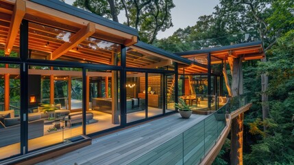 Obraz premium A luxurious modern treehouse with large glass walls, wooden beams, and a wraparound deck with views of the surrounding forest