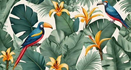 Tropical Toucan Pattern with Banana Leaves and Yellow Flowers