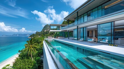 Fototapeta premium A luxurious modern villa with infinity pool, glass walls, and panoramic views of a tropical beach and turquoise sea