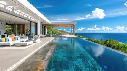 Fototapeta premium A luxurious modern villa with open-air living spaces, an infinity pool, and breathtaking views of the ocean and a distant horizon