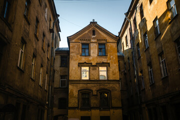 Facade of a typical historical residential building in Saint Petersburg, Russia.
