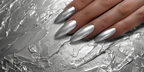 Chrome modern y3k metallic manicure hand close up