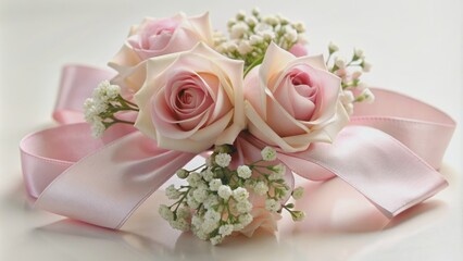 Obraz premium Delicate pale pink satin ribbon adorned with fresh pink roses and baby's breath flowers tied in a gentle bow.