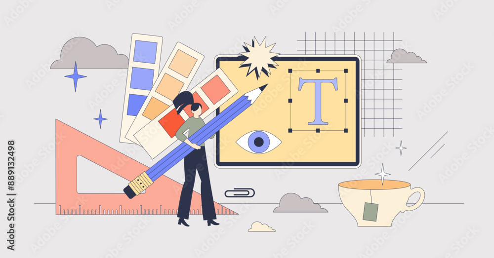 Poster basics of graphic design with logo creation tiny person neubrutalism concept. color gradient, shape 