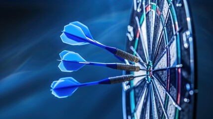 Blue Darts Hitting Bullseye on Dartboard