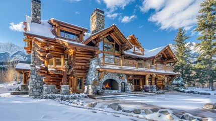 A luxurious mountain lodge with log construction, a grand stone fireplace, and a large deck with views of the surrounding snowy peaks