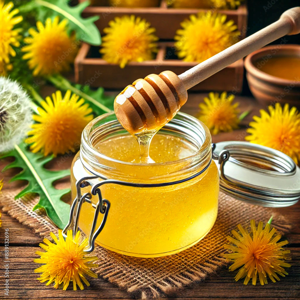 Poster a jar of yellow dandelion jam with an open lid stands on the table