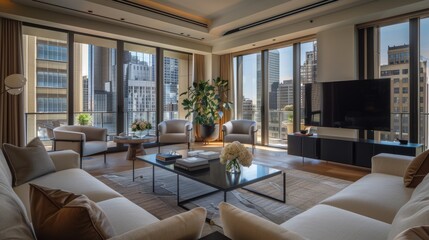 Fototapeta premium A luxurious urban condo with sleek modern furnishings, large windows, and a balcony with views of the bustling city skyline