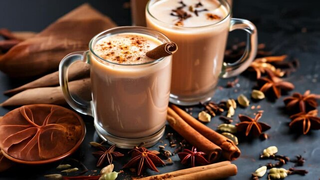 Spiced chai tea in a brown mug with star anise and cinnamon