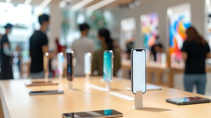 Modern retail store displaying multiple smartphones on a wooden table, with blurred customers in the background.