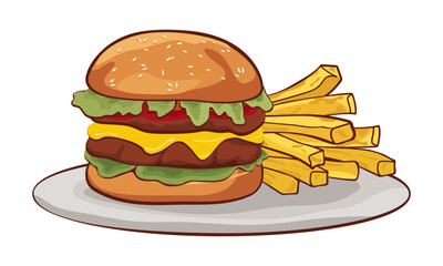  Hamburger and fries on a plate on white background.Fast food set Vector illustration on white background