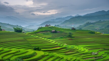 Fototapeta premium Rolling green rice terraces stretch across the hills, with a small house perched on a hillside in the background. A soft, golden sunset casts a warm glow over the landscape