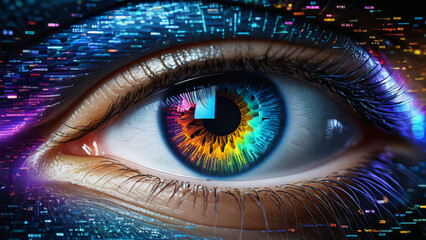 Close-up of a human eye with a vivid digital overlay, representing technology, surveillance, data analysis, and digital information