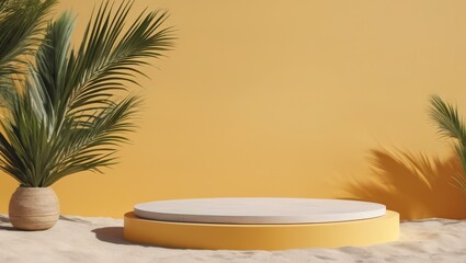 Obraz premium 3d podium stand for product presentation with summer concept. Pedestal platform. Minimal summer vacation.