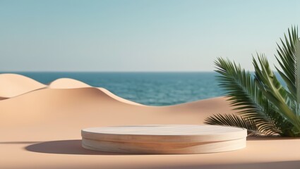 3d podium stand for product presentation with summer concept. Pedestal platform. Minimal summer vacation.