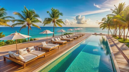 Obraz premium Sleek white beach hotel with infinity pool and sun-kissed sundeck overlooking turquoise ocean, epitomizing luxury and serenity on tropical coast.
