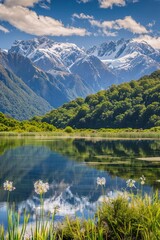 Fototapeta premium Majestic peaks and serene reflections: New Zealand's untouched wildlife