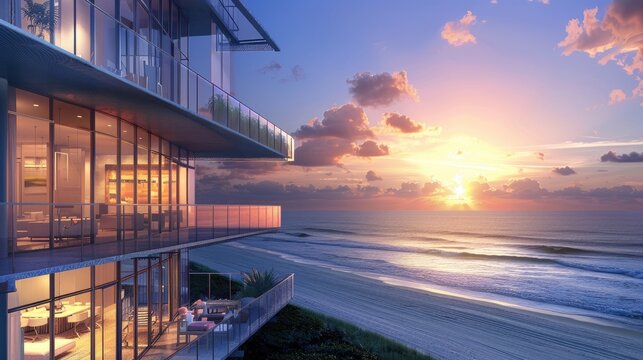 A modern beachfront condo with expansive glass walls, a spacious balcony, and stunning views of the ocean waves and sunset