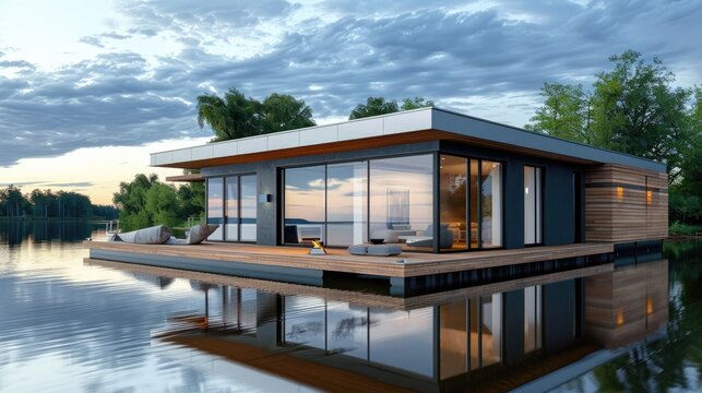A modern boathouse floating on a calm lake, with large glass doors opening to a deck, and reflections of the sky and trees in the water - Powered by Adobe