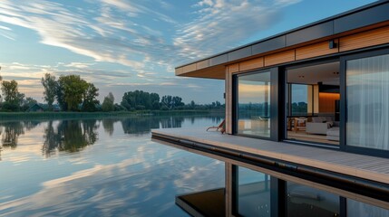 A modern boathouse floating on a calm lake, with large glass doors opening to a deck, and reflections of the sky and trees in the water