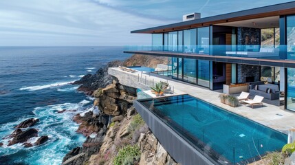 Obraz premium A modern cliffside home with a cantilevered design, extensive glass walls, and an infinity pool overlooking a rugged coastline