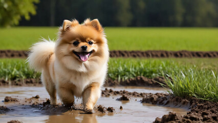 Pomeranian dog playing in muddy water, green grass in the background