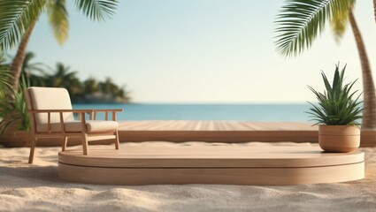 Fototapeta premium 3d podium stand for product presentation with summer concept. Pedestal platform. Minimal summer vacation.