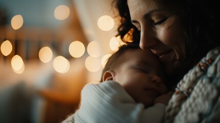 A touching scene featuring a mother tenderly cradling her baby in a softly lit room, with a gentle and warm backdrop of twinkling lights adding to the serene atmosphere.