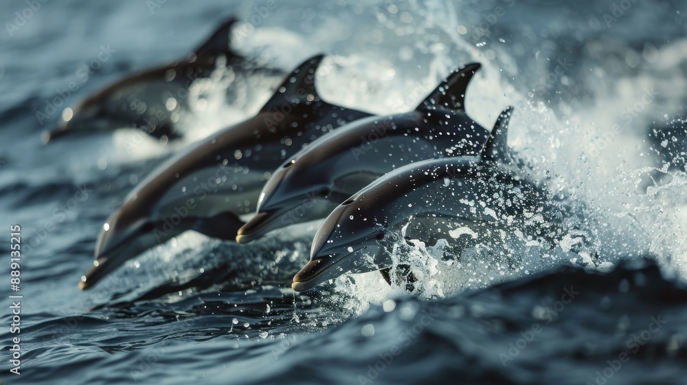Aufkleber a dynamic shot capturing a group of dolphins jumping simultaneously through the ocean waves, illustr