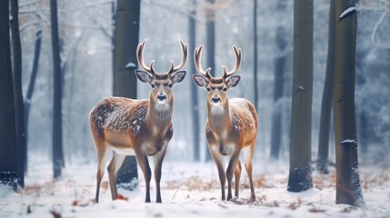 Fototapeta premium Two Deer in a Snowy Forest