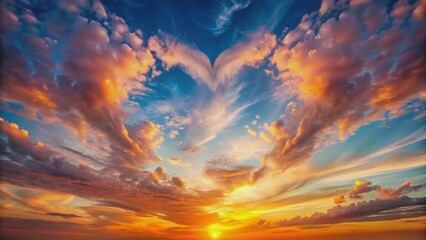 Obraz premium Vibrant orange sunset with heart-shaped clouds, gentle hues, and soft, wispy textures, evoking a romantic and peaceful atmosphere.