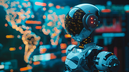 futuristic robot with a digital face stands in front of a world map display, representing advanced AI technology and global data analytics