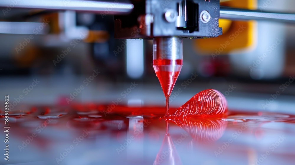 Poster a close-up of a 3d printer nozzle working with red filament to form a new object, highlighting the i