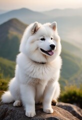 Samoyed pup sitting majestically atop a mountain peak, with a panoramic view of a misty valley below.