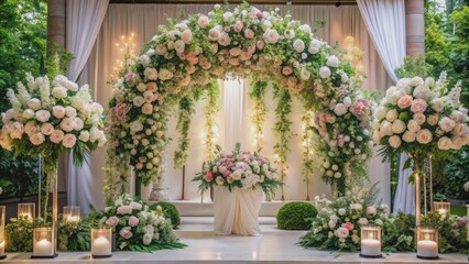 Fototapeta premium Elegant wedding stage adorned with cascading white and pink flowers, lush green leaves, and delicate vines, exuding romantic ambiance.