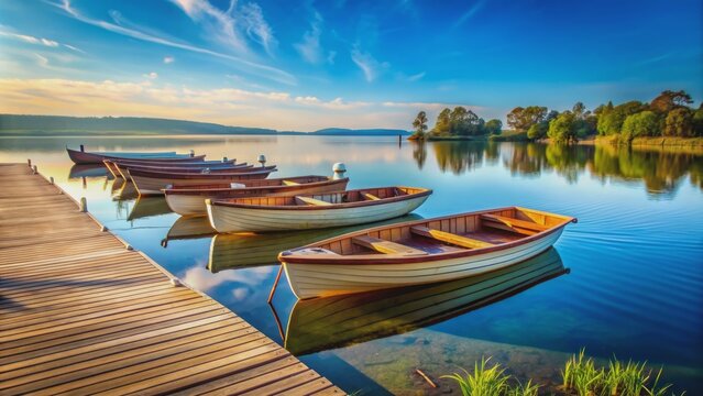 Serenely majestic empty rowing boats docked at wooden pier on calm blue water with subtle ripples and clear sky background.