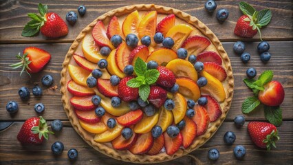 Fototapeta premium Vibrant arrangement of sliced strawberries, blueberries, and peaches atop a golden pastry crust on a rustic wooden background.