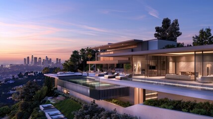 Fototapeta premium A modern hilltop mansion with cascading terraces, an infinity pool, and panoramic views of the city skyline at dusk