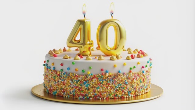Vibrant colorful sprinkles cover a round 40th birthday cake adorned with flickering candles, set against a clean white background. - Powered by Adobe