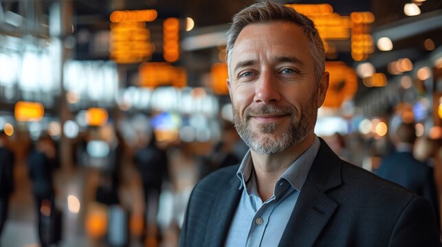Smiling businessman in airport with blurred background